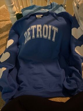 Champion Blue Detroit Crewneck with White Heart Sleeves